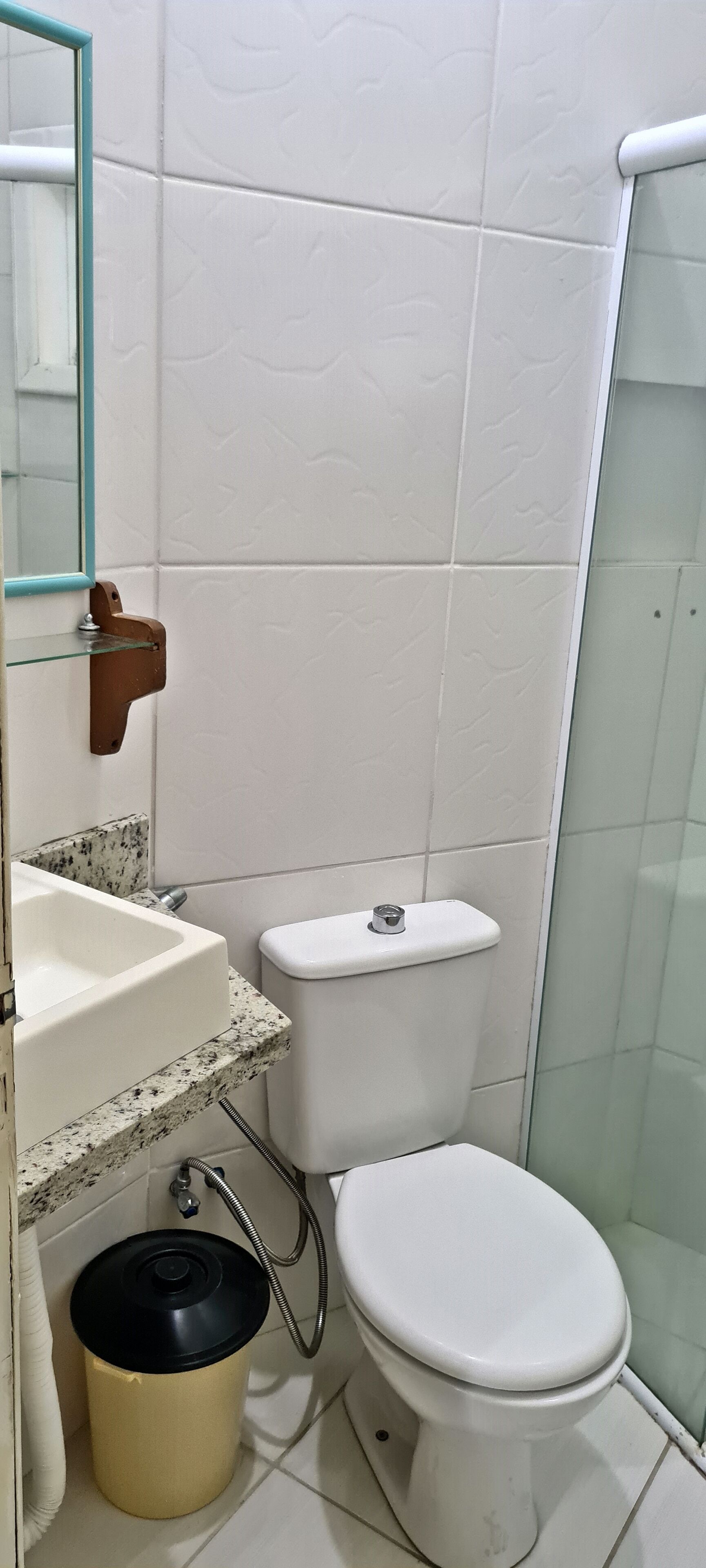 A small bathroom with a toilet, sink, and shower.