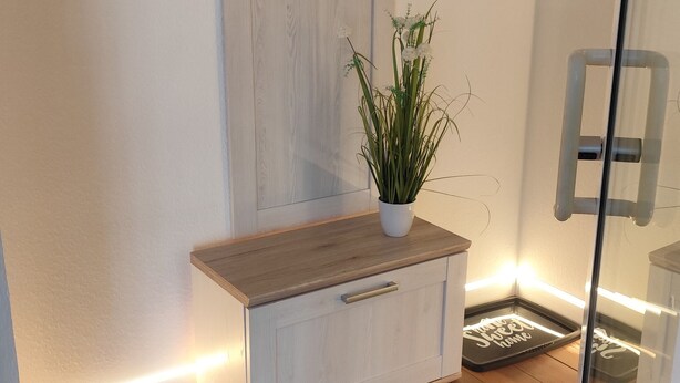 Une pièce d’angle avec un plancher en bois, une armoire blanche avec des tiroirs, une petite plante posée sur le dessus et une porte en verre.
