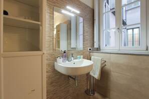 Shower, hair dryer, bidet, towels