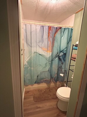Hair dryer, towels, soap, toilet paper