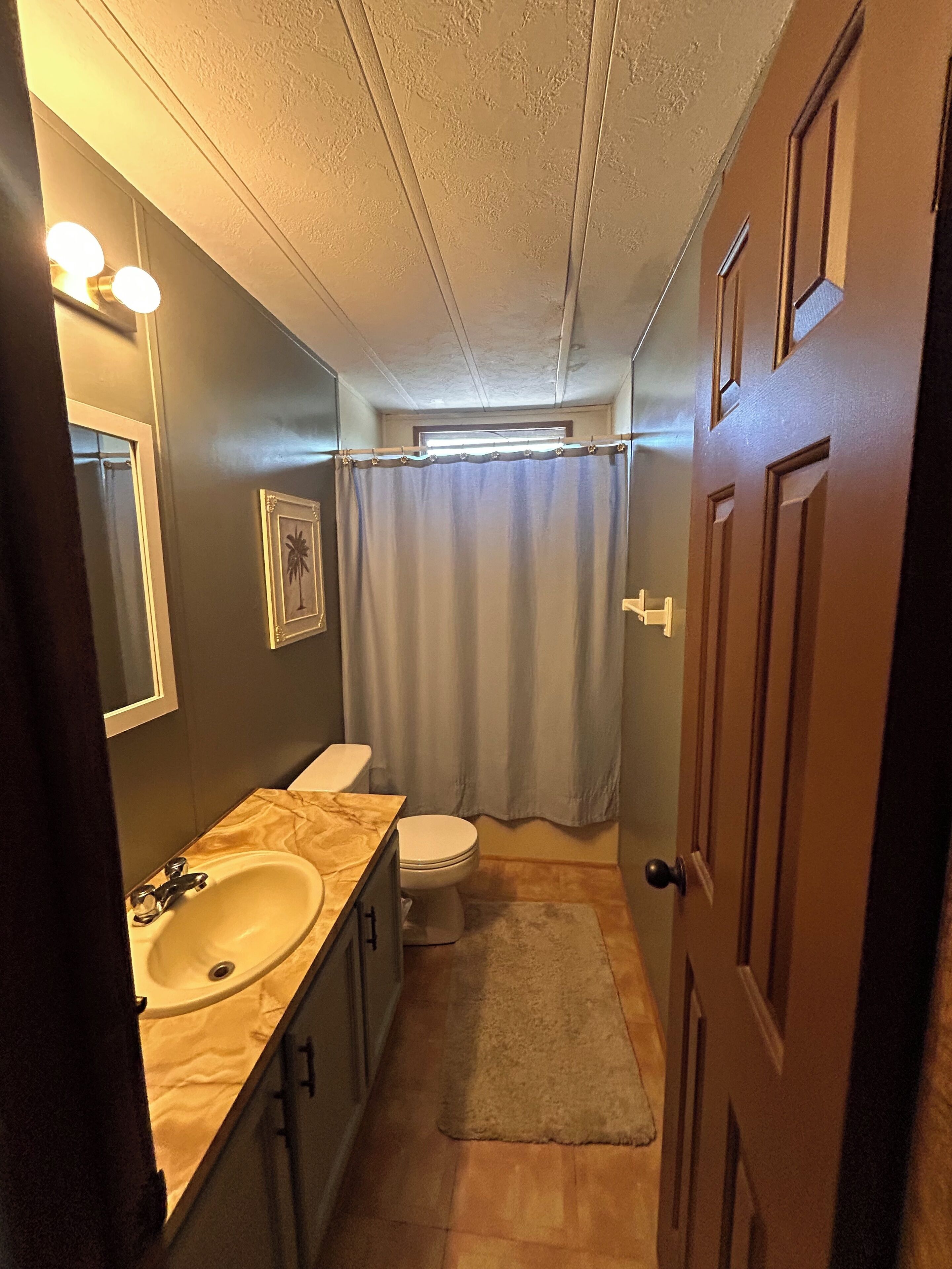 Hair dryer, towels, soap, toilet paper