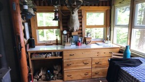 L’intérieur d’un chalet rustique, avec un bureau en bois, une tête de cerf accrochée au mur et une fenêtre donnant sur un paysage verdoyant.