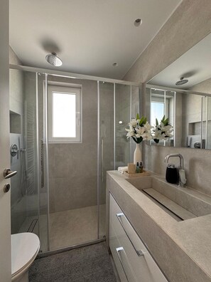 Shower, hair dryer, bidet, towels