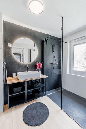 Shower, hair dryer, towels