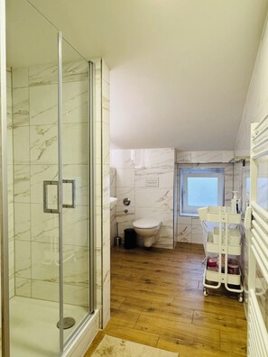Shower, hair dryer, towels