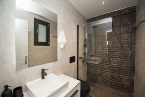 Regadera, secadora de cabello, toallas, jabón 