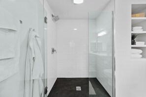 Hair dryer, towels, soap, shampoo