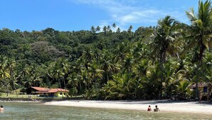 A beach with clear water, palm trees, and a small building with a red roof. - Pousada Vilarejo (Itacaré)