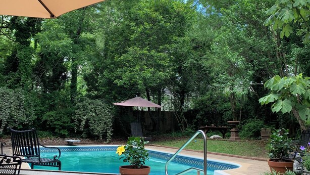 Área de piscina com cadeira e guarda-sol, cercada por vegetação.