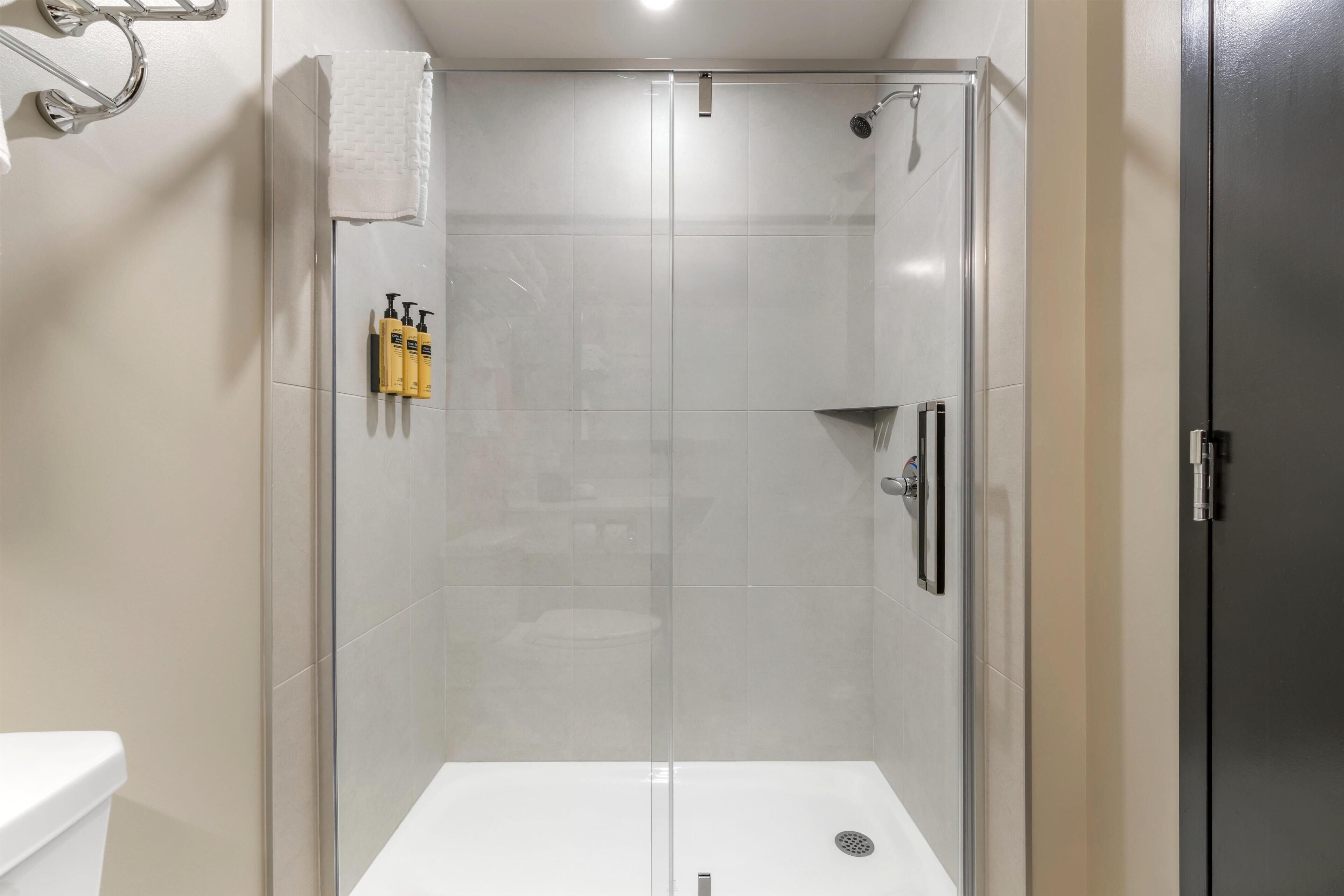 A glass-enclosed shower with a white toilet and sink to the left.
