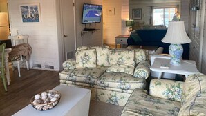 Un salon chaleureux avec un canapé à motifs floraux, un téléviseur et une fenêtre donnant sur une étendue d’eau.