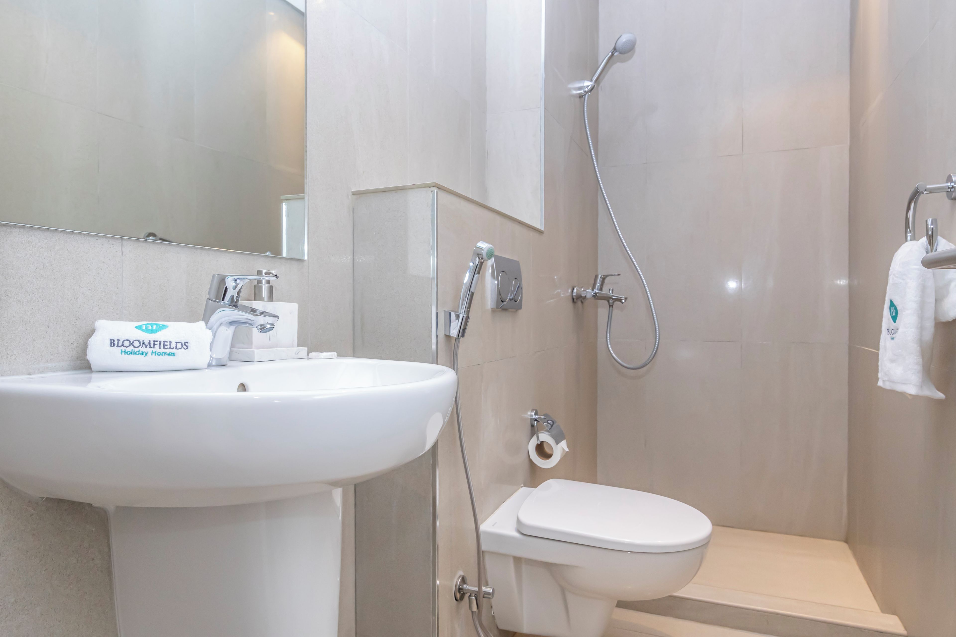 A bathroom with a white sink, a toilet, and a shower.
