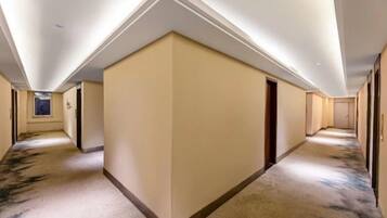A hotel hallway with carpeted floors, doors on both sides, and a ceiling with recessed lighting.