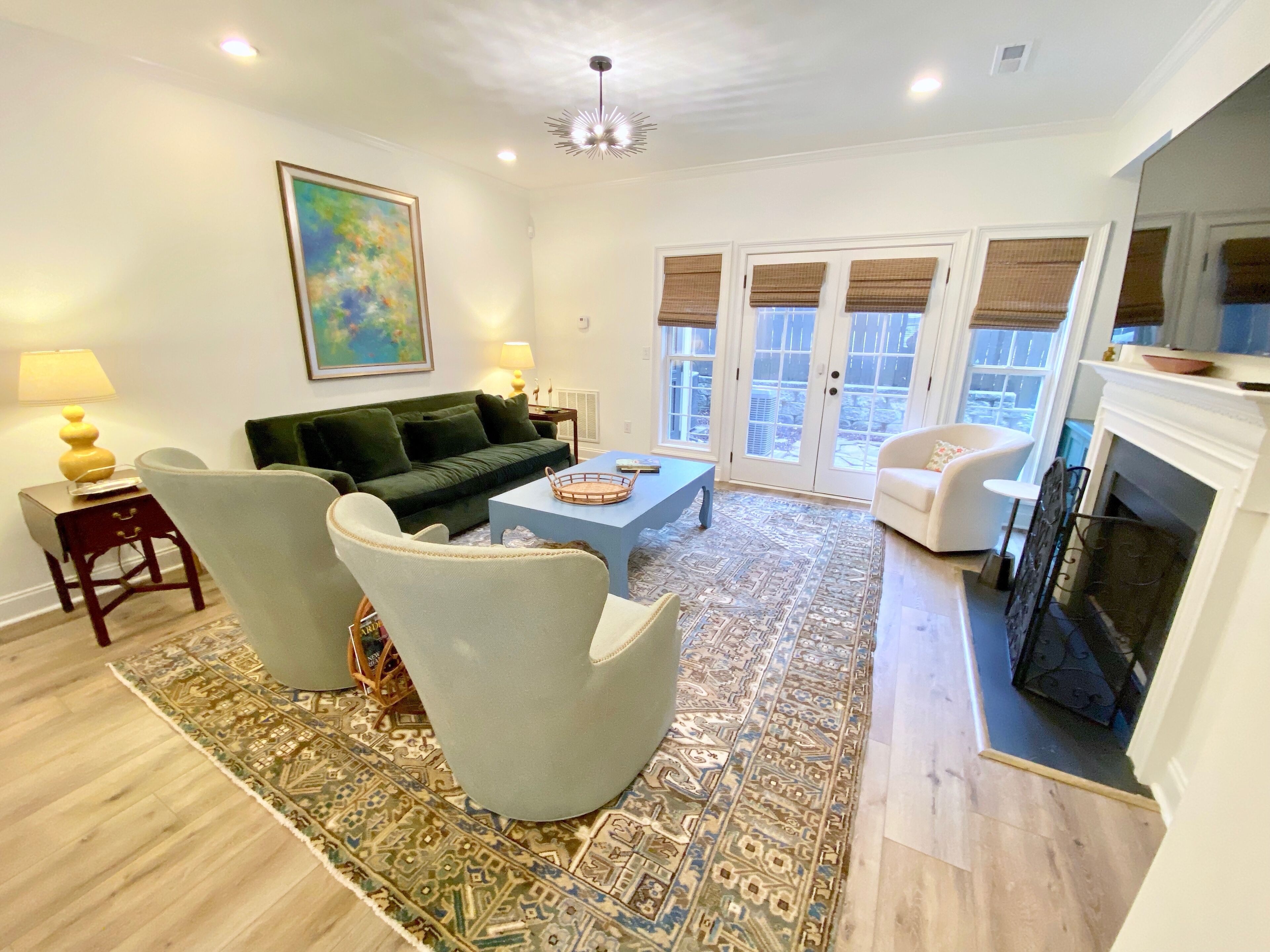 Smart TV, fireplace, books