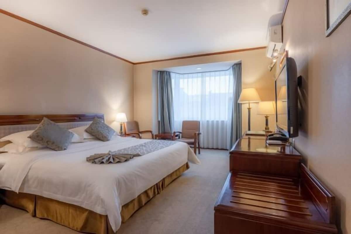 Une chambre d’hôtel avec un grand lit, un bureau, une chaise et un téléviseur.