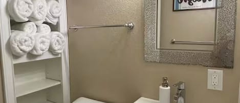 Hair dryer, towels, toilet paper