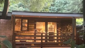 A modern cabin with a wooden exterior and large windows, surrounded by lush greenery. - Parry’s hideaway, cosy little cabin by the stream, listening to the birds. (Exmouth)
