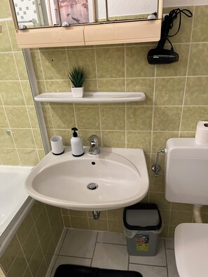 Hair dryer, towels, soap, toilet paper
