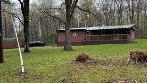 A cabin with a metal roof, surrounded by a grassy area and trees. - Charming mobile home with WiFi and AC in lovely Cross Fork. (Cross Fork)