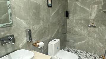 Shower, hair dryer, towels, soap