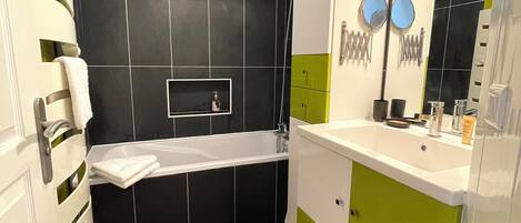 Hair dryer, towels, soap, toilet paper