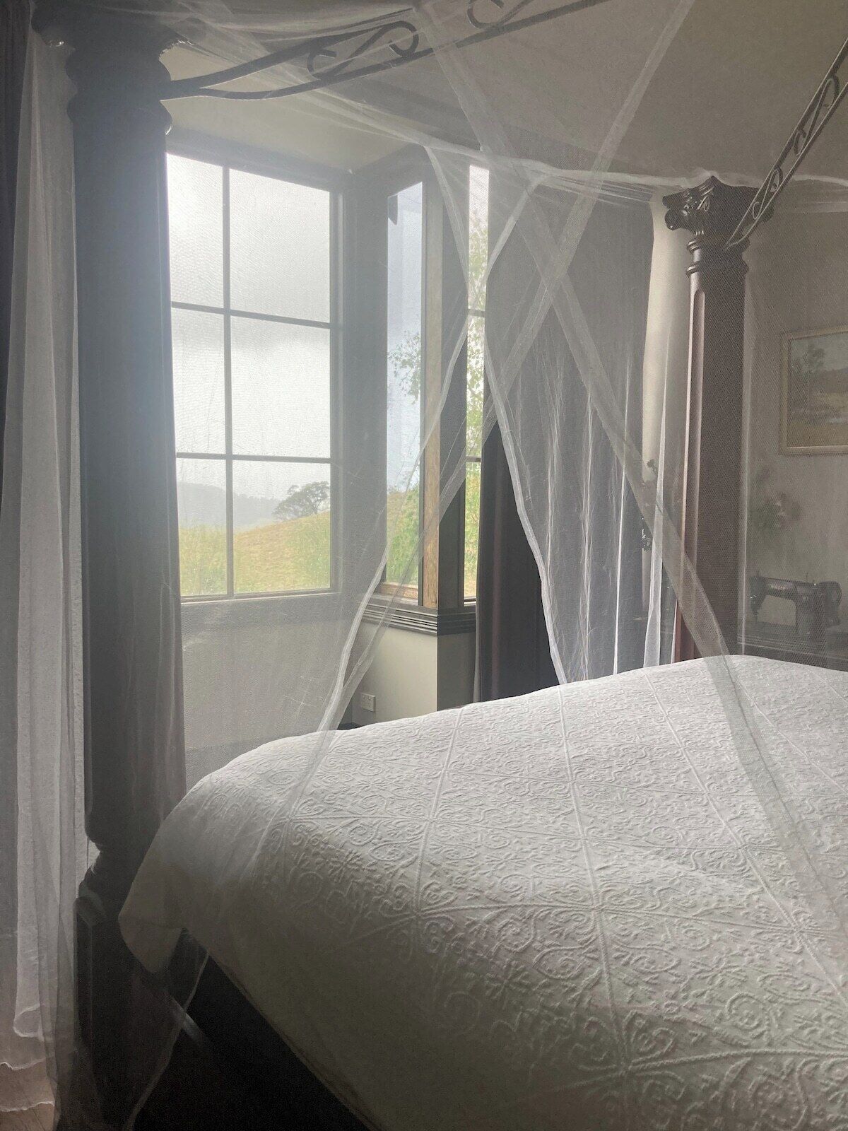 Une chambre à coucher avec un lit à baldaquin, une fenêtre donnant sur l’extérieur et une décoration murale.