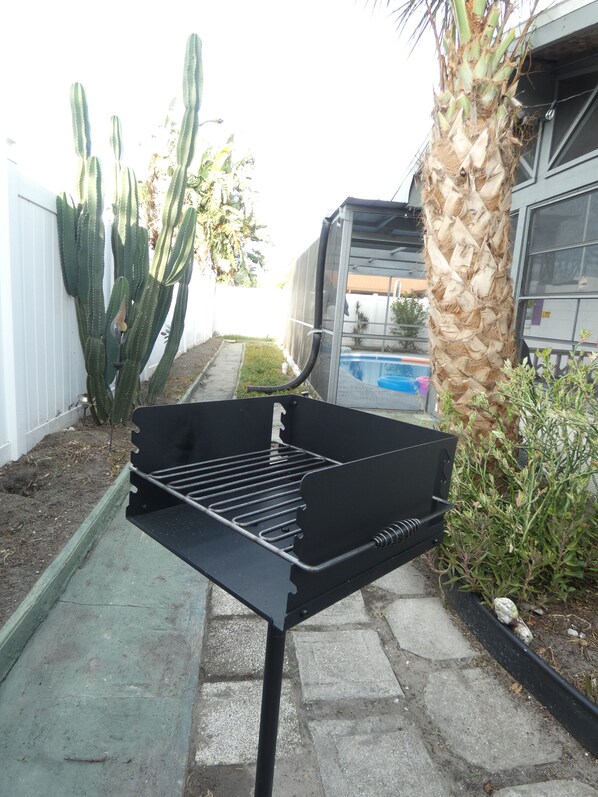 Una parrilla con rejilla de metal, una palmera y un cactus al fondo.