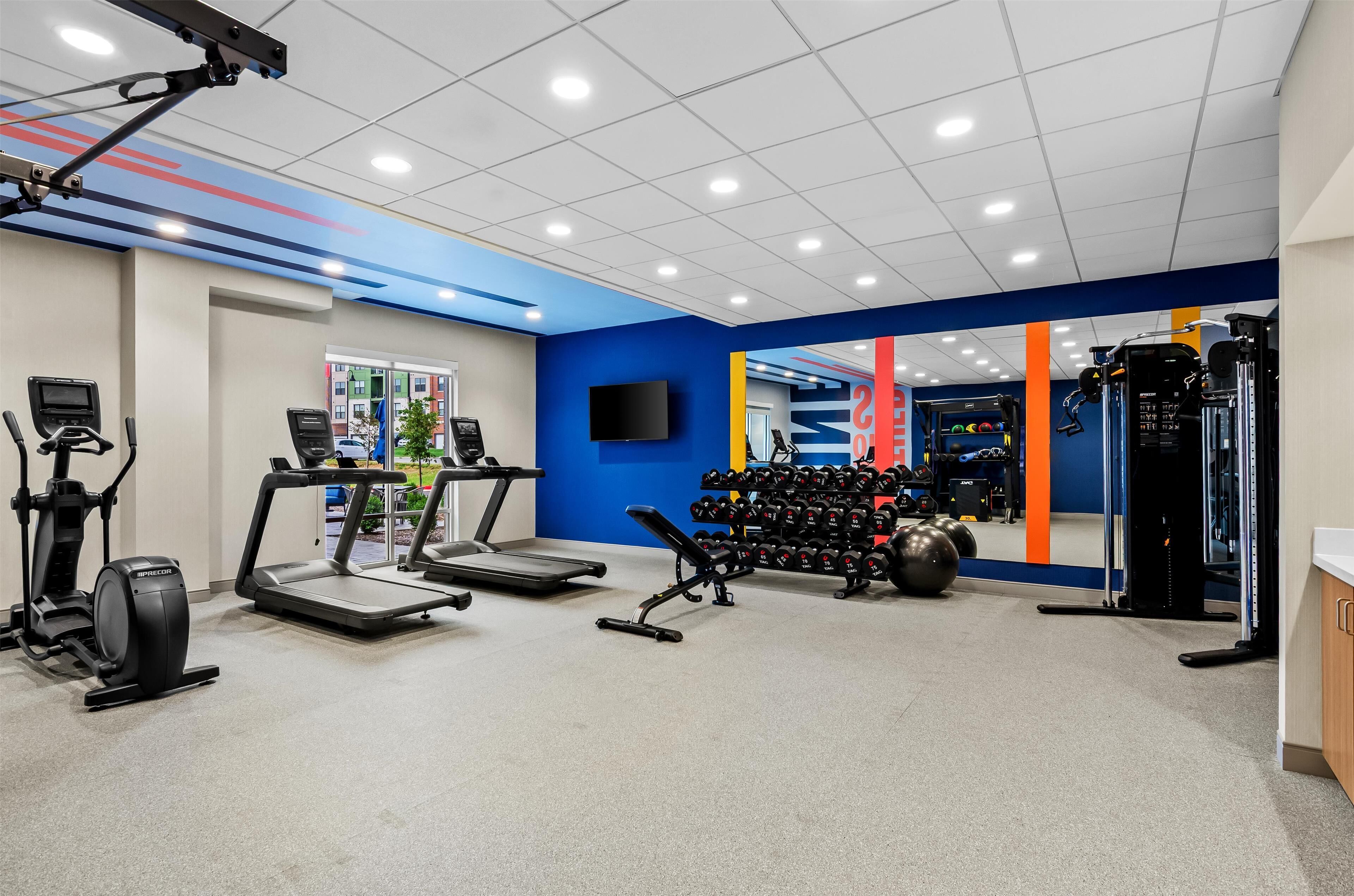 Un gimnasio con cintas de correr, elíptica, mancuernas y una jaula para sentadillas.
