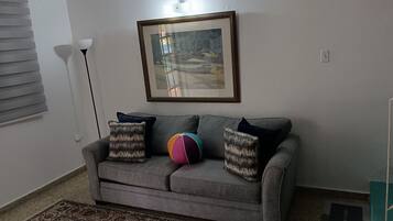 En grå sofa med mønstrede puder, en farverig strandbold og et indrammet kunstværk på væggen.