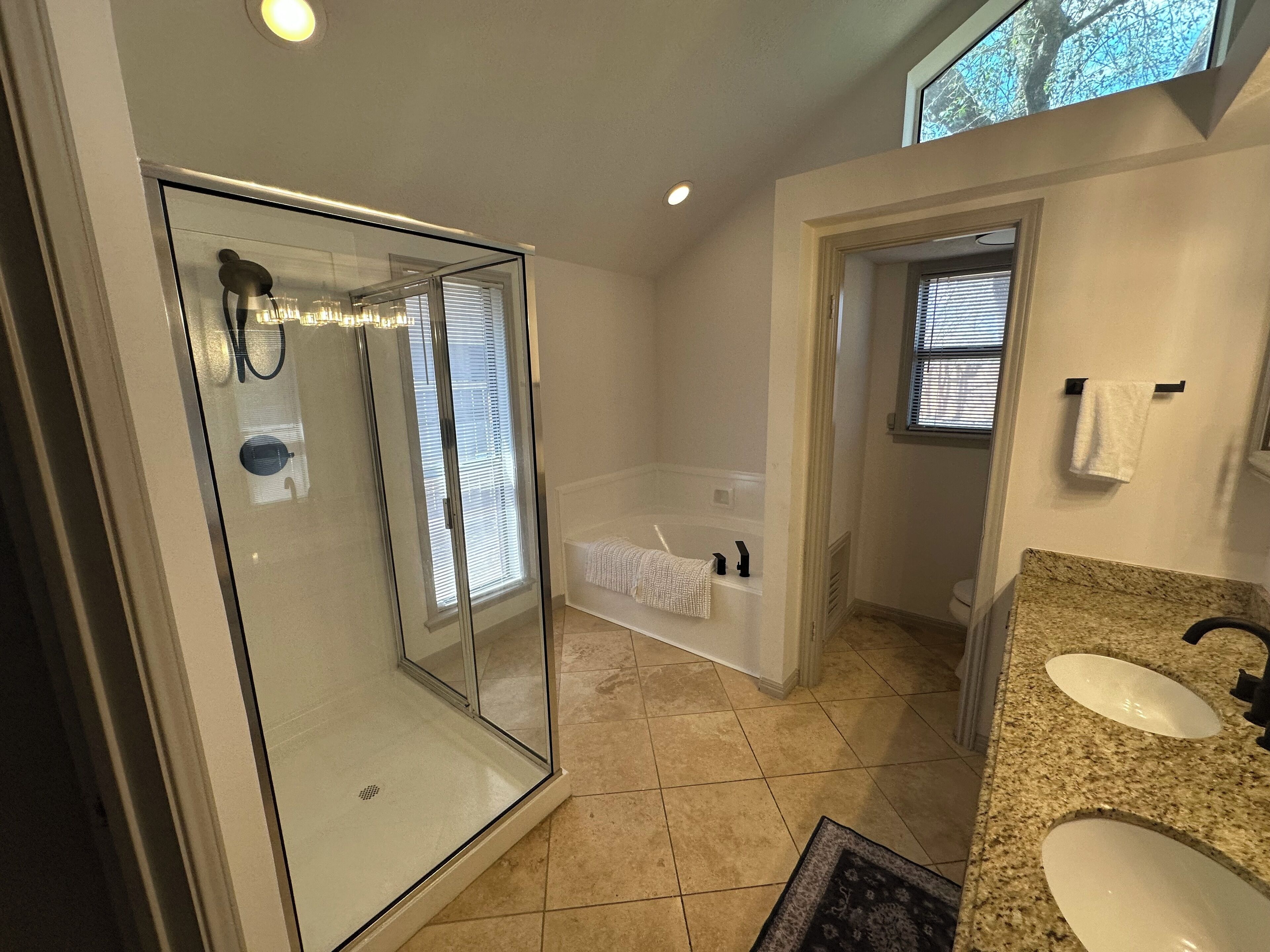 Shower, hair dryer, bidet, towels