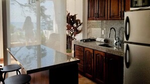 A modern kitchen with granite countertops, wooden cabinets, a stainless steel refrigerator, and a large window overlooking a scenic view. - Casa Corazon Unit 702 - Ocean View, huge terrace in beautiful Puerto Vallarta! (Puerto Vallarta)