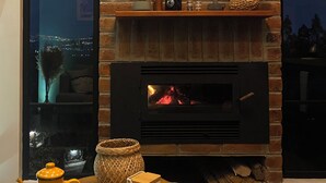A fireplace with a brick wall, a deer head decoration, and a shelf with various items. - Casa del lago en Quito, Cozy Retreat close aerport  (Quito)