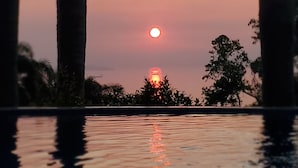 A sunset over a body of water with palm trees in the foreground.