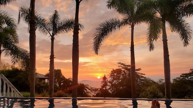 A poolside view with a sunset, palm trees, and a person relaxing by the pool.