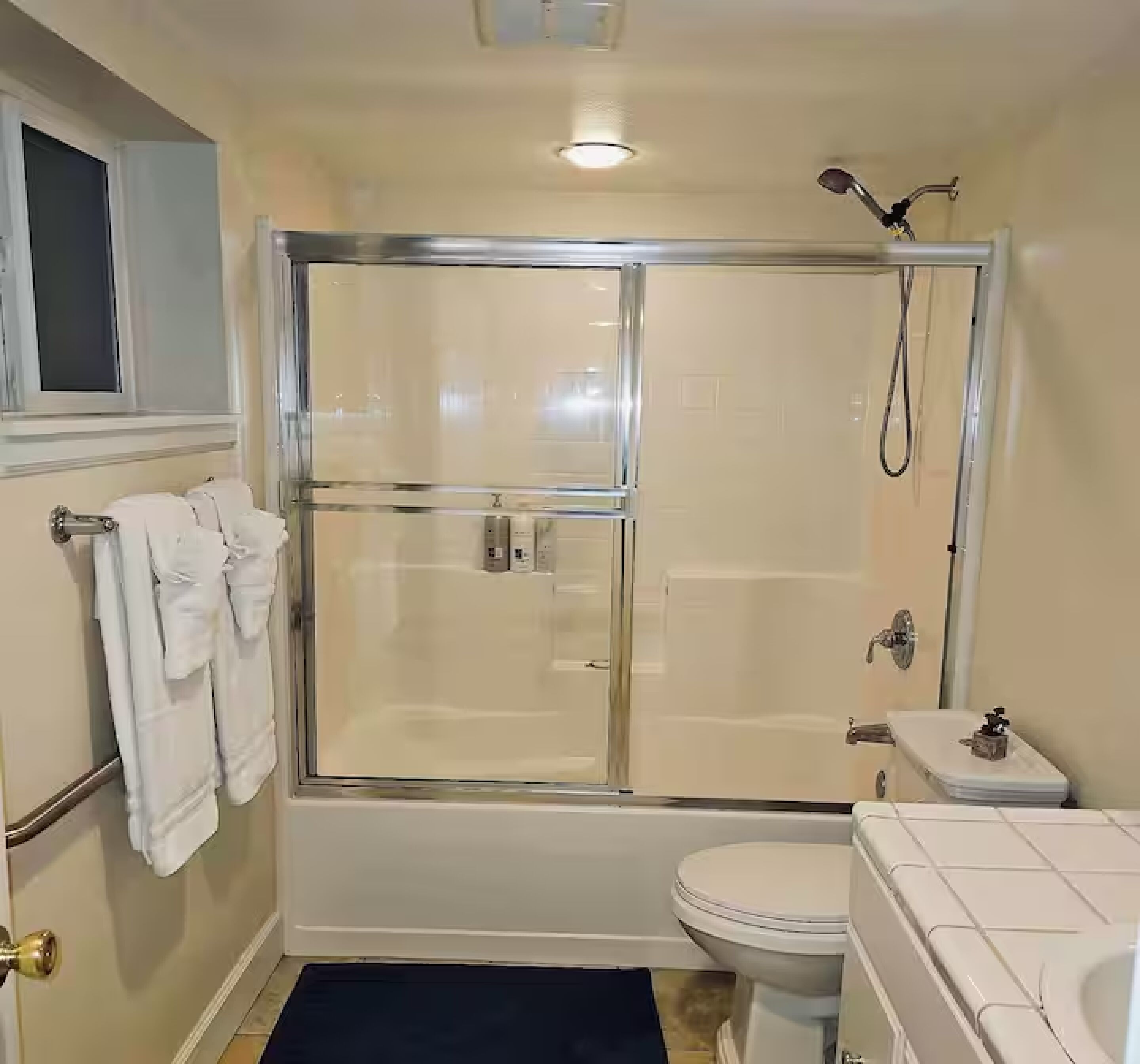 Une salle de bain avec une douche à parois de verre, des toilettes et un lavabo.