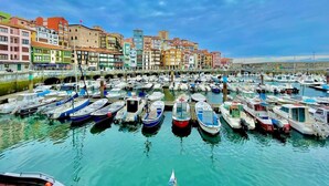 Un puerto deportivo con numerosas embarcaciones amarradas, rodeado de edificios coloridos.