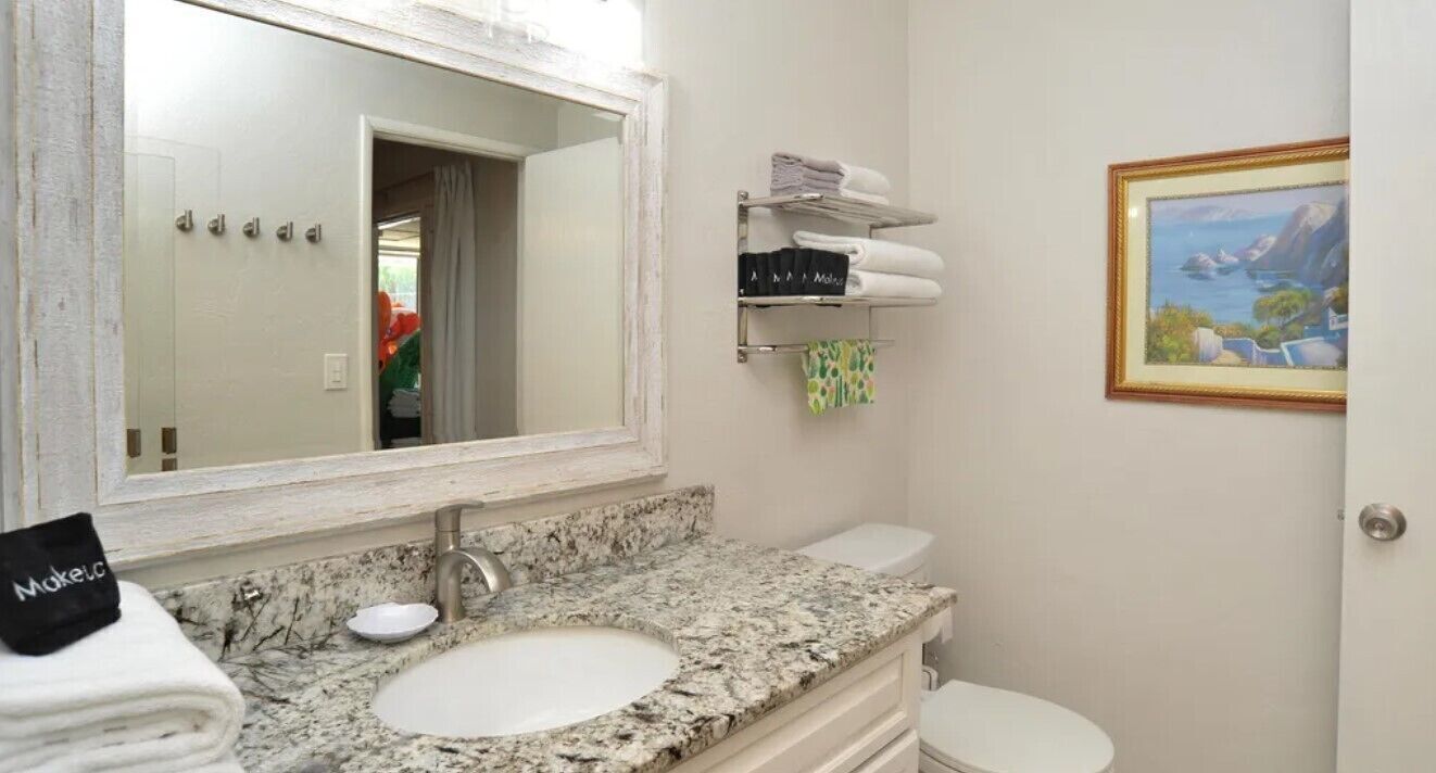 A bathroom with a granite countertop sink, a white toilet, a framed painting on the wall, and a towel rack with towels.