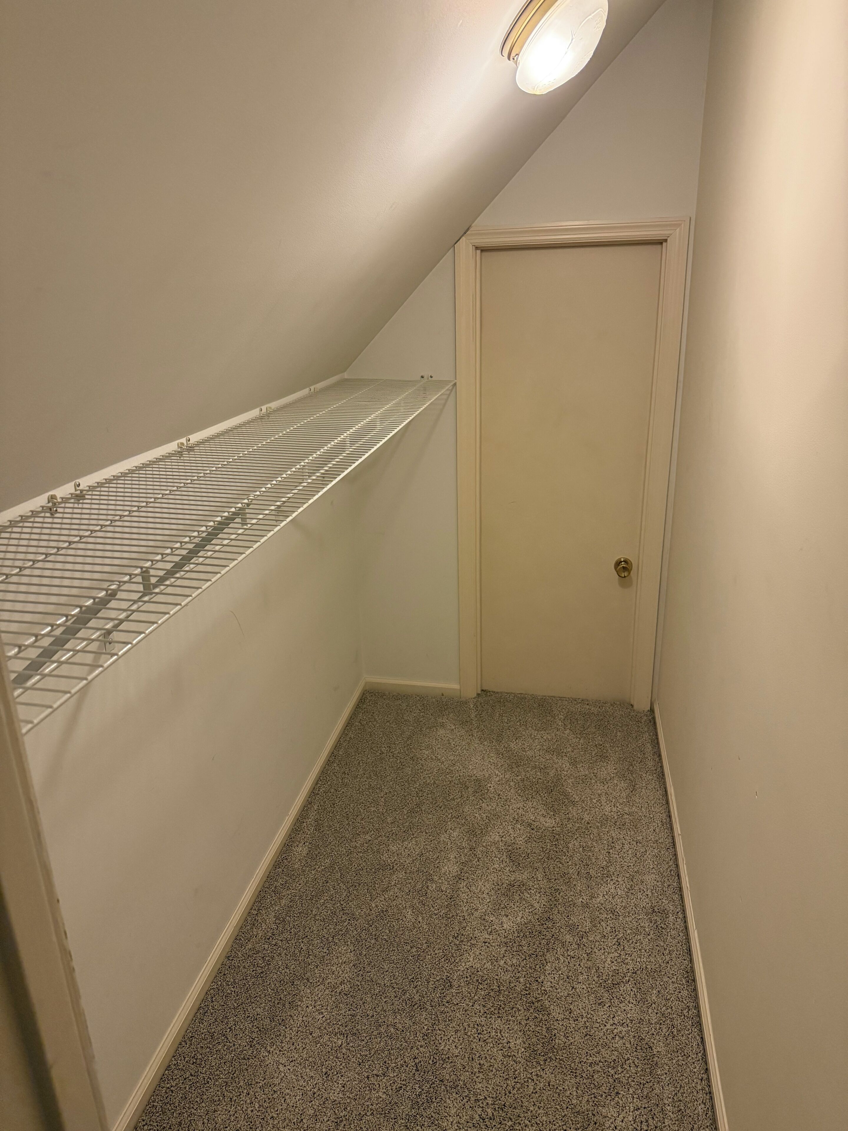 A narrow hallway with a sloped ceiling, a door at the end, and a metal shelf along the wall.