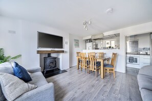 Una televisión, una chimenea