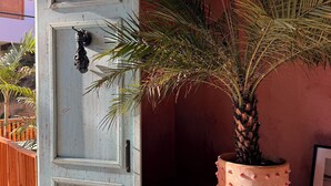 Une porte en bois rustique agrémentée d’une poignée décorative, un palmier en pot et un tableau encadré posé sur une étagère.