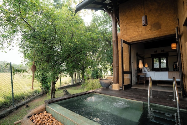 Deluxe Suite, 1 Bedroom, Private Pool, Pool View | 1 bedroom, in-room safe, desk, laptop workspace