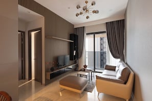 Presidential Suite, 2 Bedrooms, Club Lounge Access, City View | Living area | 65-inch Smart TV with cable channels, Netflix, smart speakers
