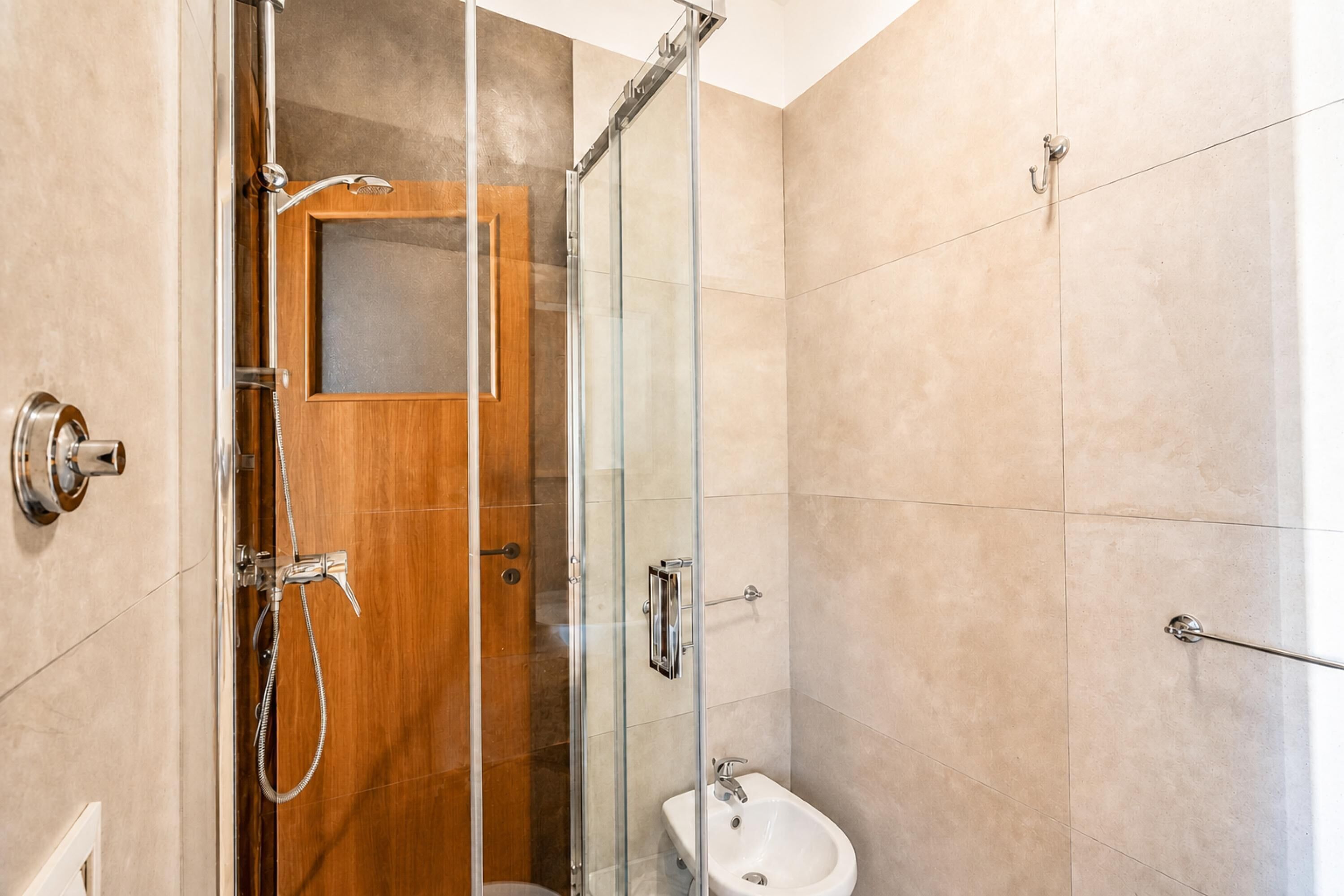 Une salle de bain moderne avec une douche à parois de verre, une porte en bois et un lavabo blanc.