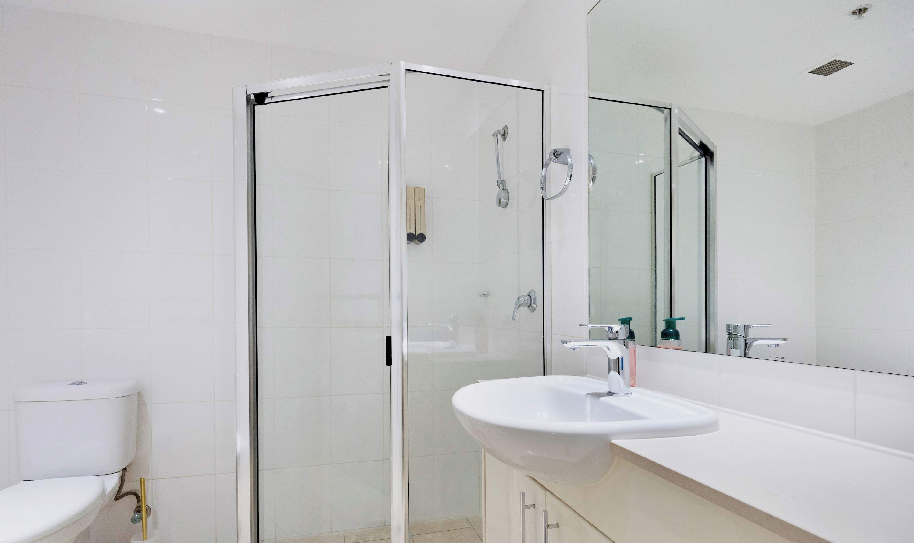 Shower, hair dryer, towels, shampoo