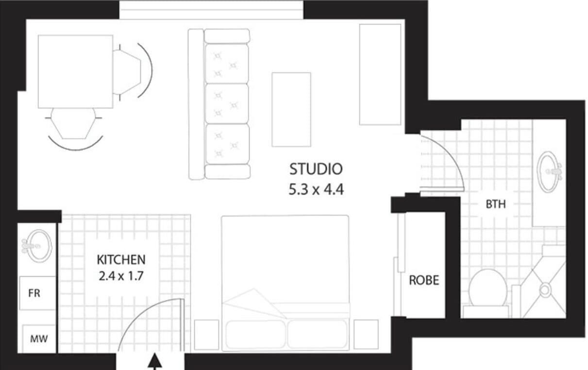 Plano de planta que muestra un estudio (5,3 x 4,4), cocina (2,4 x 1,7) y baño (BTH).