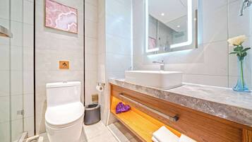 Designer toiletries, hair dryer, slippers, towels