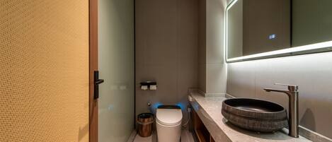 Une salle de bain moderne équipée de toilettes, d’un bidet et d’un grand miroir.