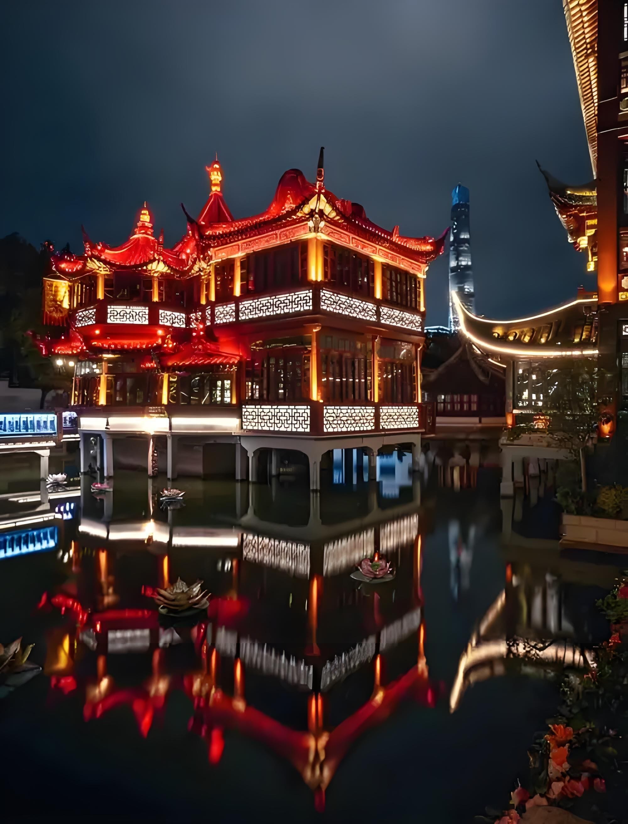 A traditional building with ornate architecture and a reflection in the water.