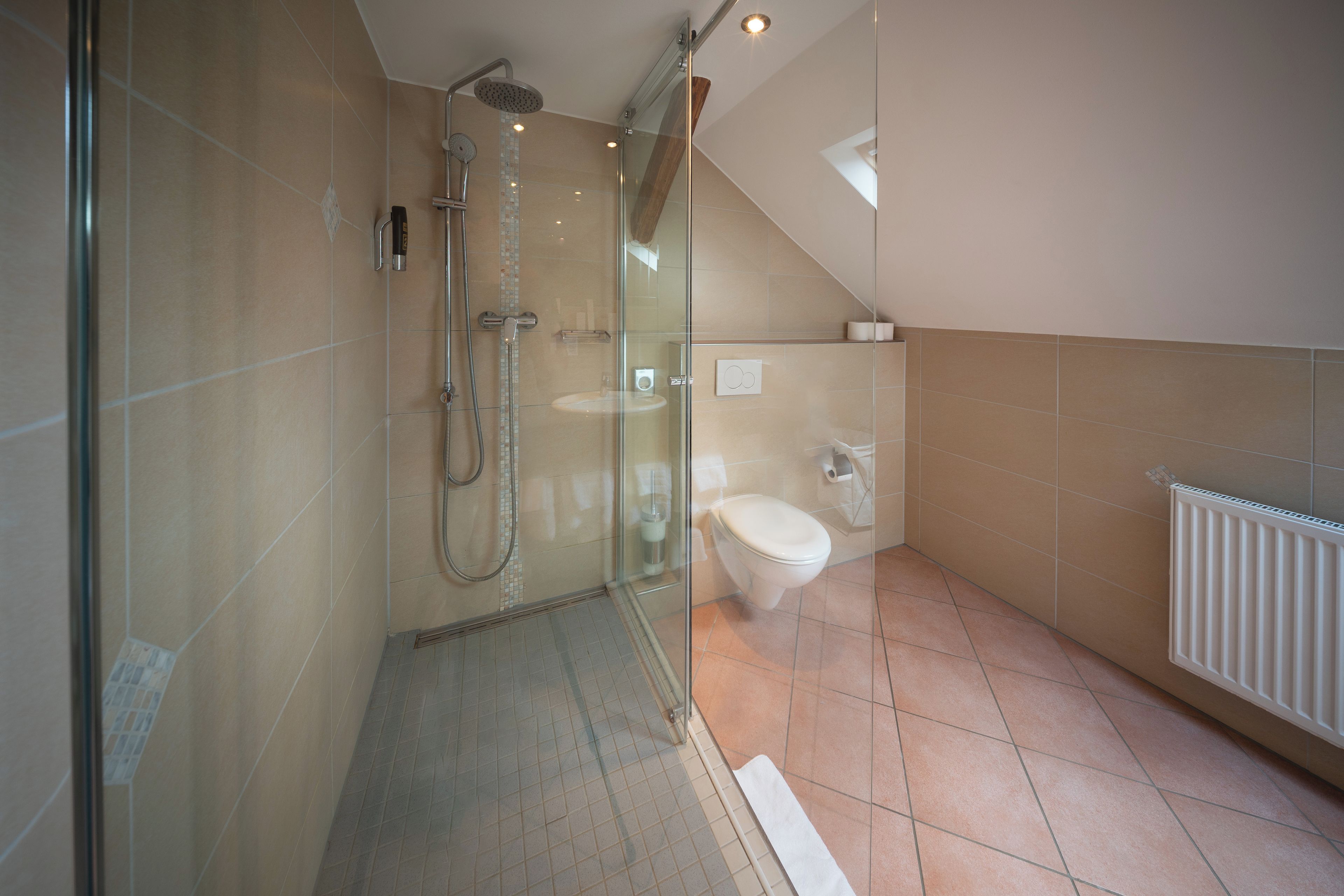 A modern bathroom with a glass shower enclosure, a toilet, and a radiator.