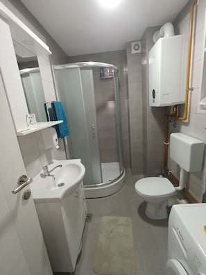 Ein modernes Badezimmer mit einer Duschkabine, einem weißen Waschbecken und einer Toilette.